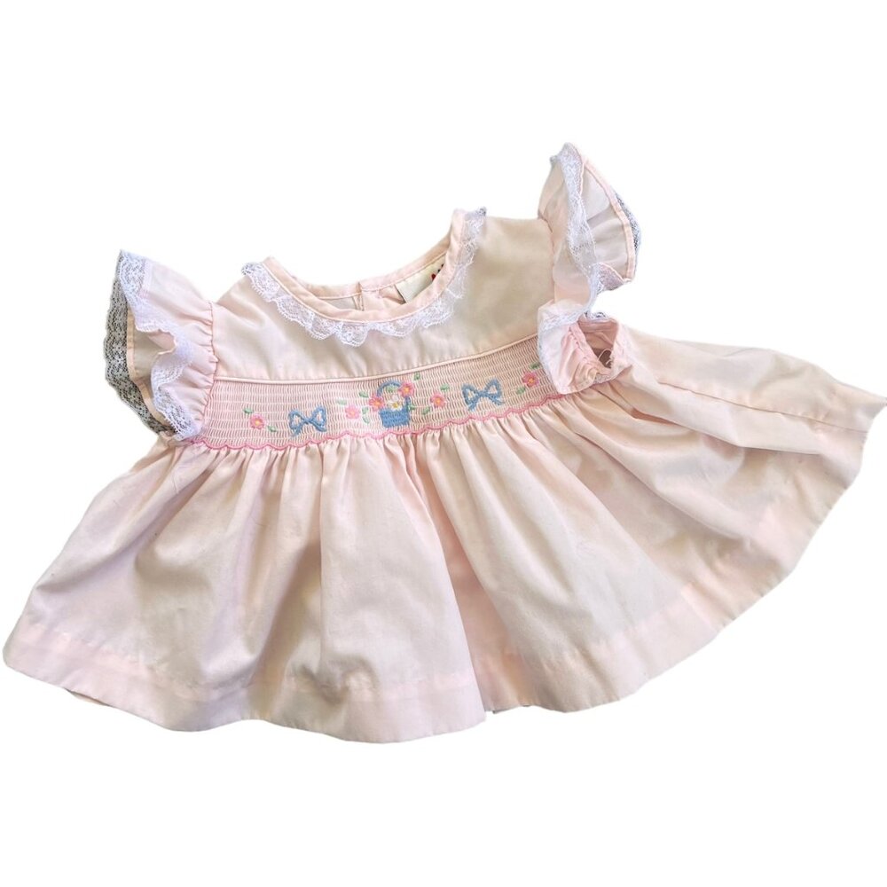 Vintage Baby Togs Smocked Floral Embroidered With Lace Dress 6-9 Months
